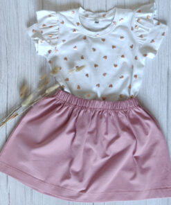Set T-Shirt Ruffle Foil Hartjes en Rok Oudroze