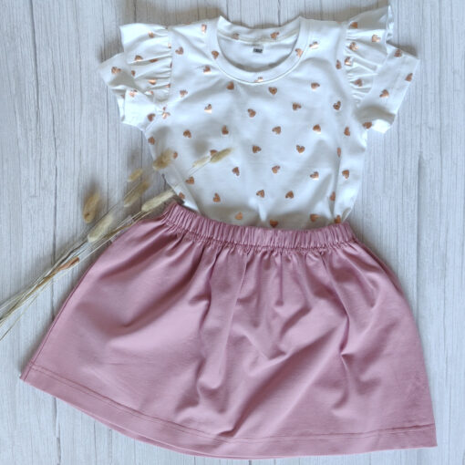 Set T-Shirt Ruffle Foil Hartjes en Rok Oudroze